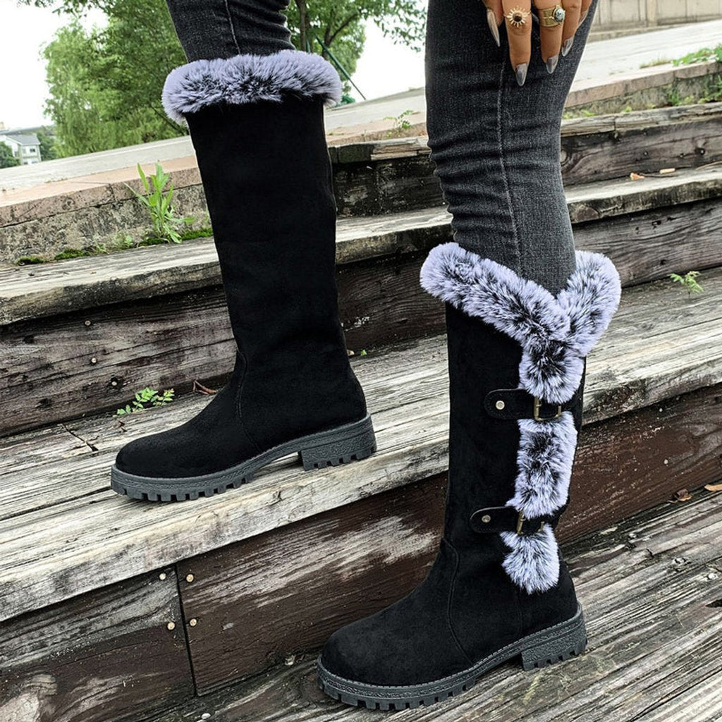Harper - Women's Faux-Suede Fur-Trim Buckle Knee High Boots