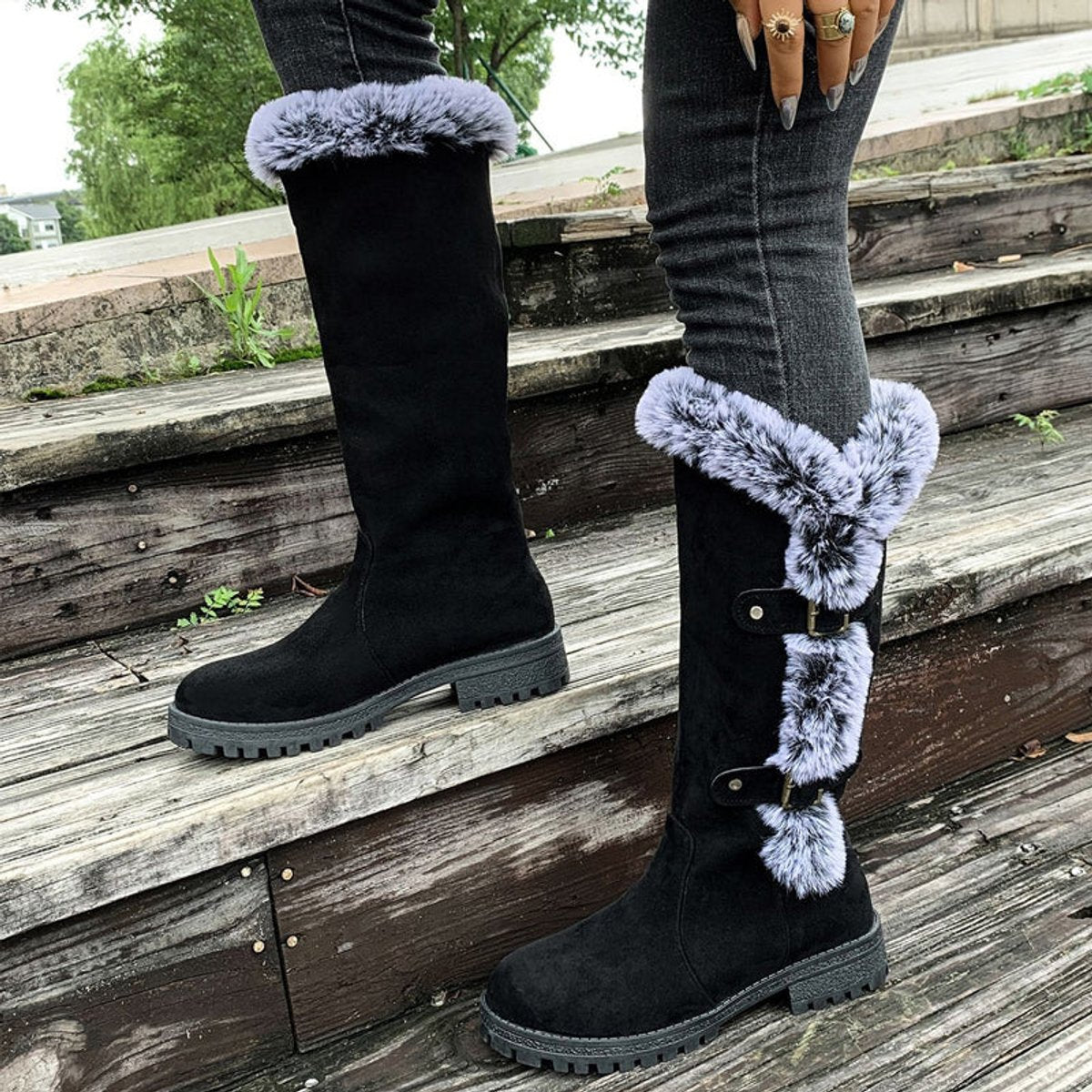 Harper - Women's Faux-Suede Fur-Trim Buckle Knee High Boots