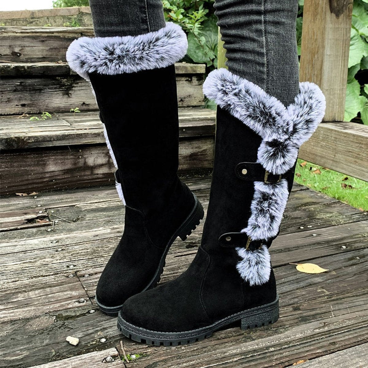 Harper - Women's Faux-Suede Fur-Trim Buckle Knee High Boots