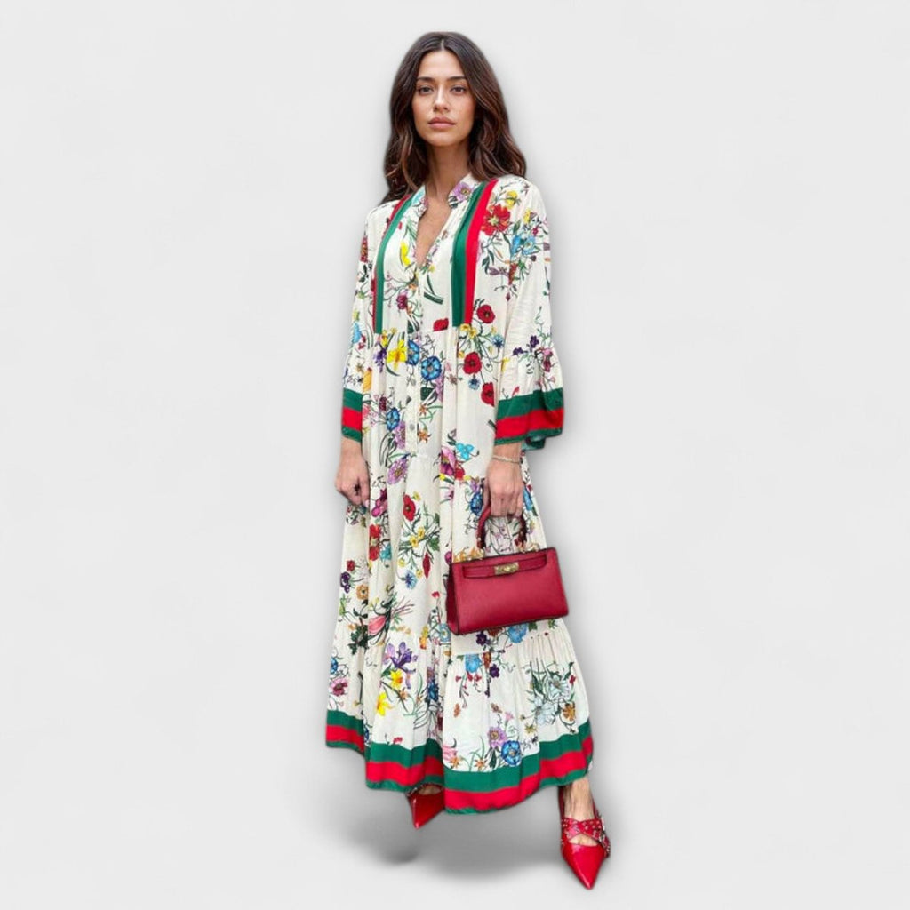 Sophia - Women's Floral Bell-Sleeve Tiered Boho Maxi Dress