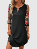 Isabella - Women's Floral Embroidered Mesh-Sleeve Keyhole Mini Dress