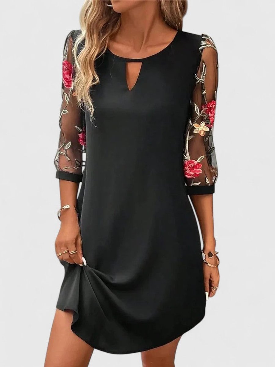 Isabella - Women's Floral Embroidered Mesh-Sleeve Keyhole Mini Dress