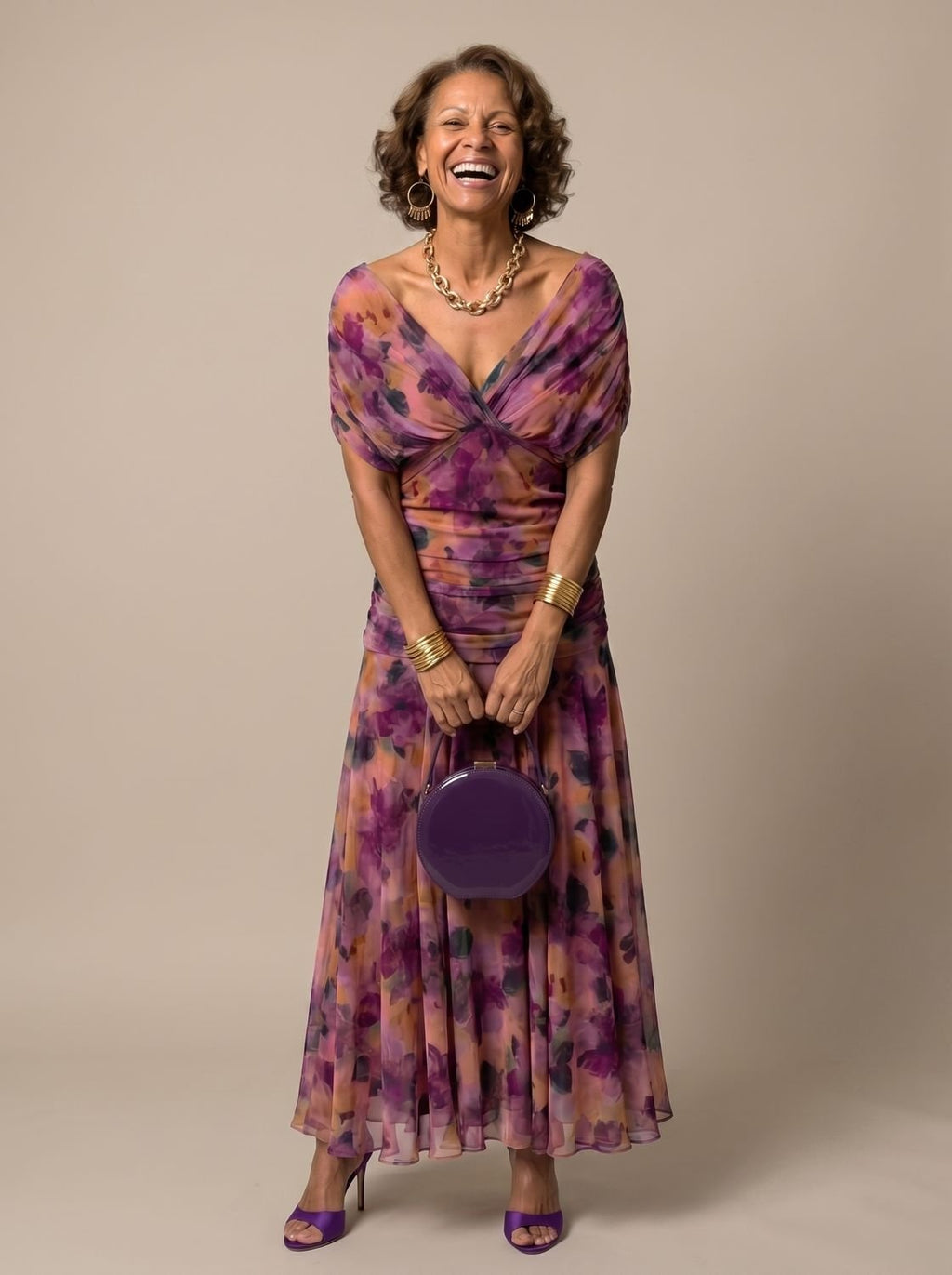 Layla - Women's Flowy Midi Dress Off-Shoulder Draped Floral Chiffon