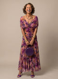 Layla - Women's Flowy Midi Dress Off-Shoulder Draped Floral Chiffon