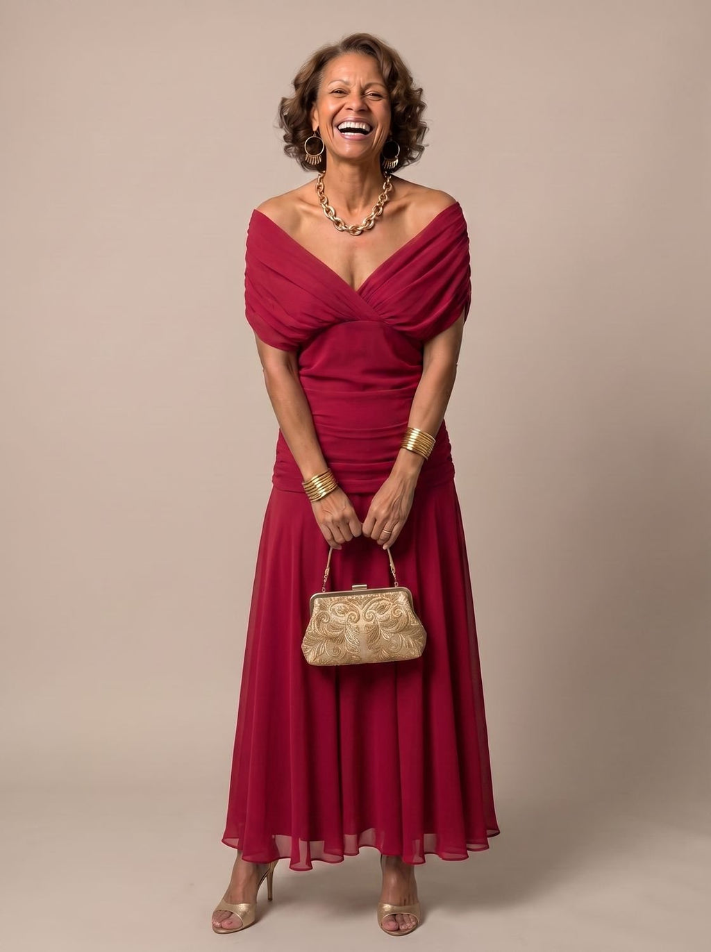Layla - Women's Flowy Midi Dress Off-Shoulder Draped Floral Chiffon