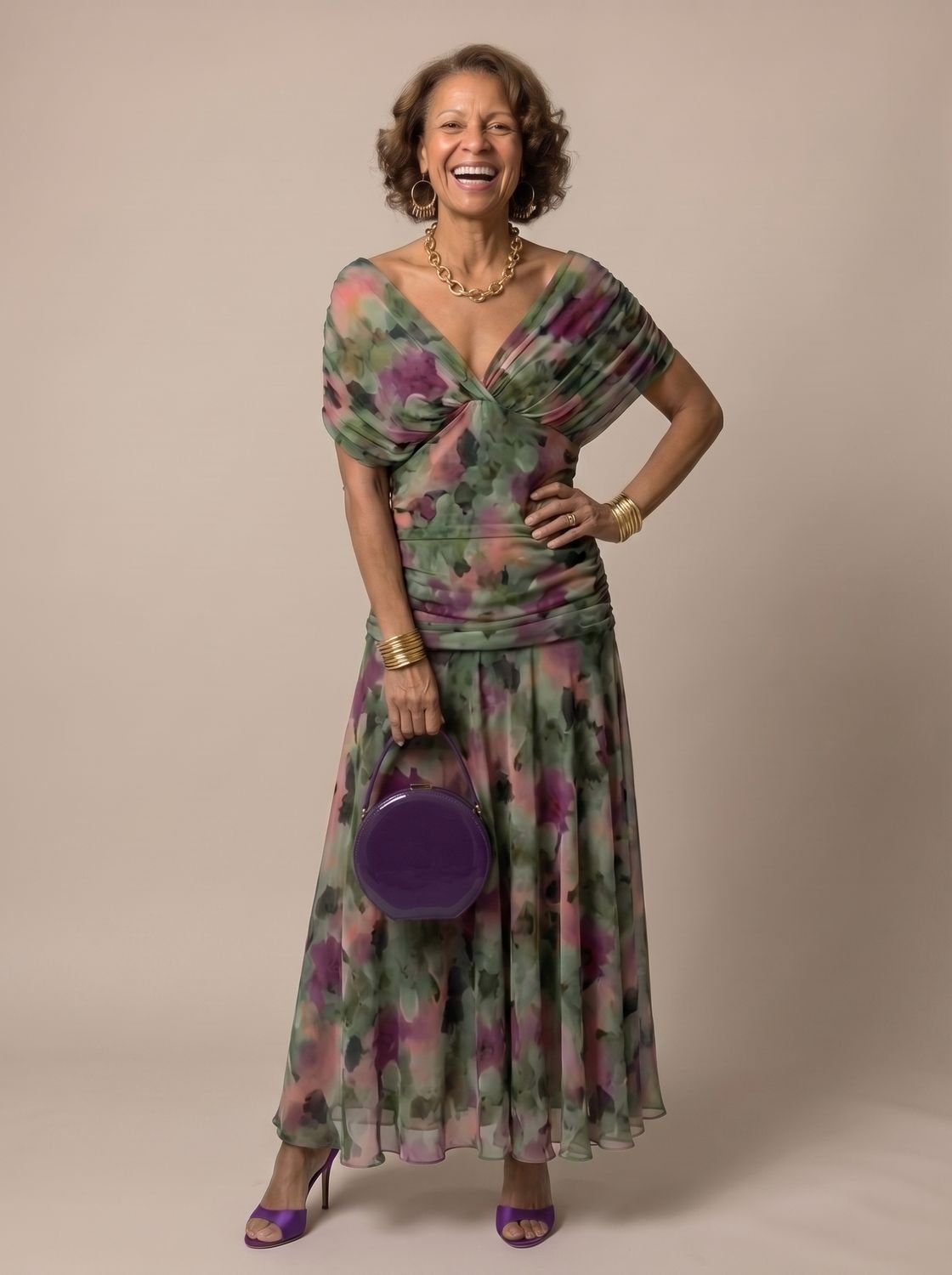 Layla - Women's Flowy Midi Dress Off-Shoulder Draped Floral Chiffon