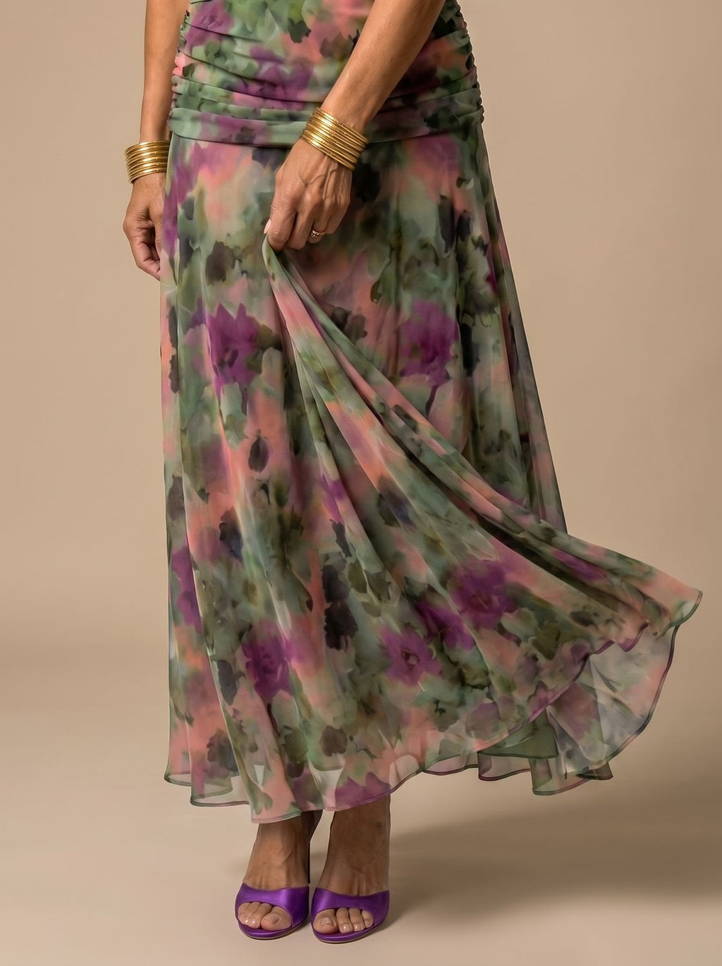 Layla - Women's Flowy Midi Dress Off-Shoulder Draped Floral Chiffon