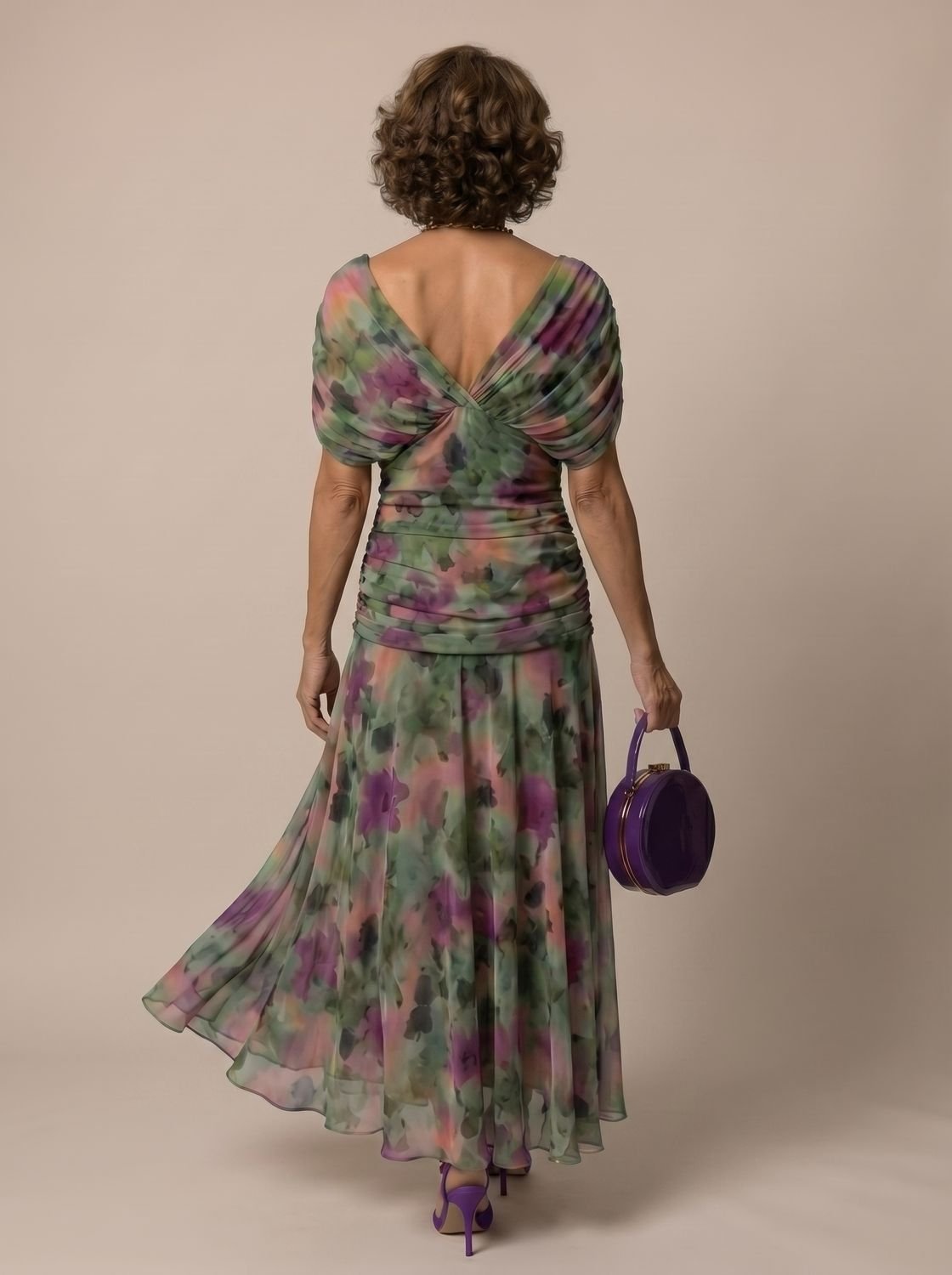 Layla - Women's Flowy Midi Dress Off-Shoulder Draped Floral Chiffon