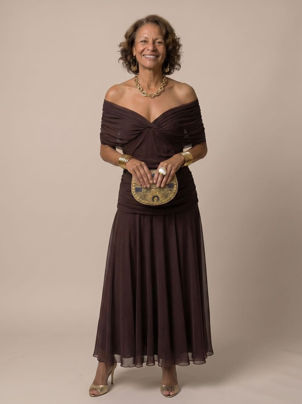 Layla - Women's Flowy Midi Dress Off-Shoulder Draped Floral Chiffon
