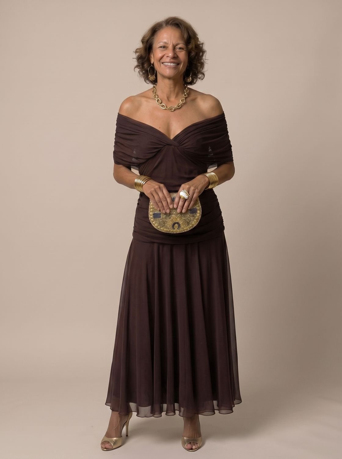 Layla - Women's Flowy Midi Dress Off-Shoulder Draped Floral Chiffon