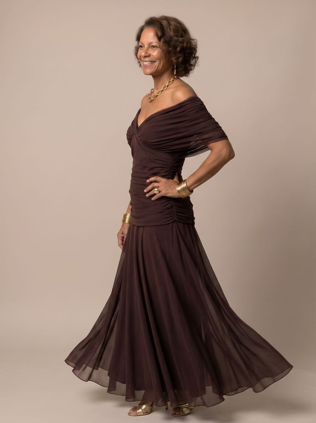 Layla - Women's Flowy Midi Dress Off-Shoulder Draped Floral Chiffon