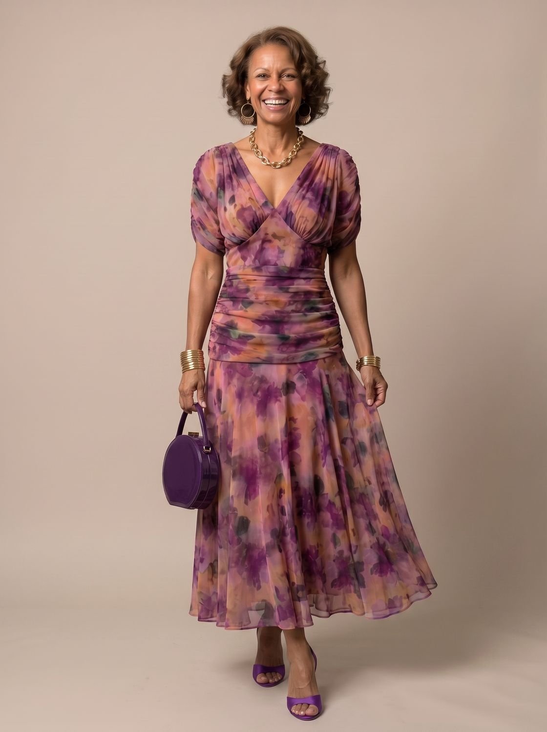 Layla - Women's Flowy Midi Dress Off-Shoulder Draped Floral Chiffon
