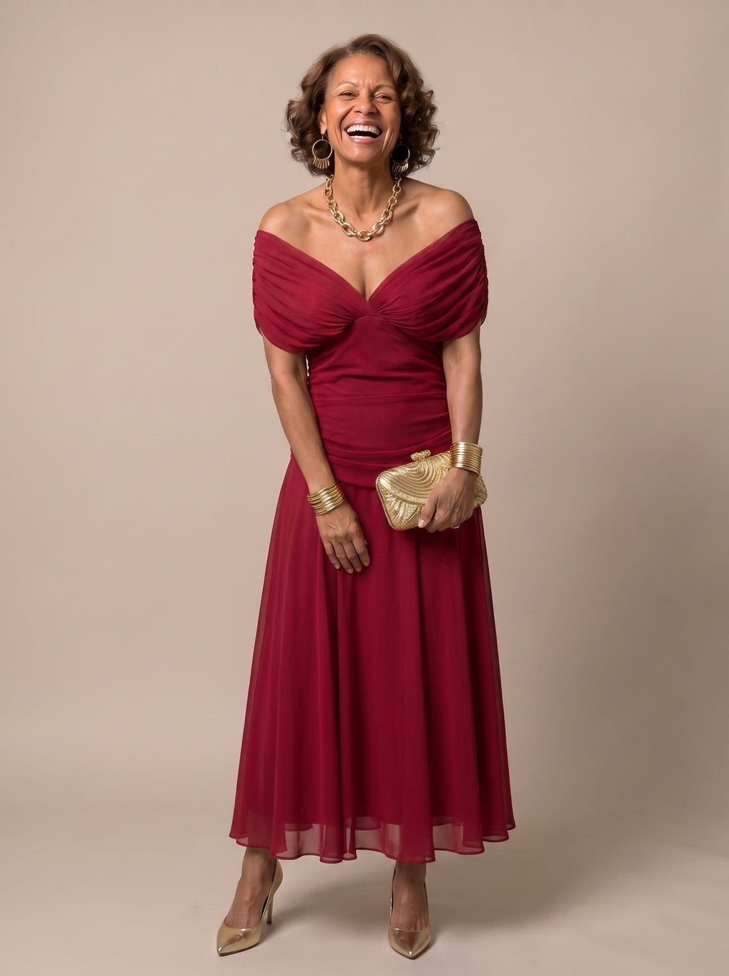 Layla - Women's Flowy Midi Dress Off-Shoulder Draped Floral Chiffon