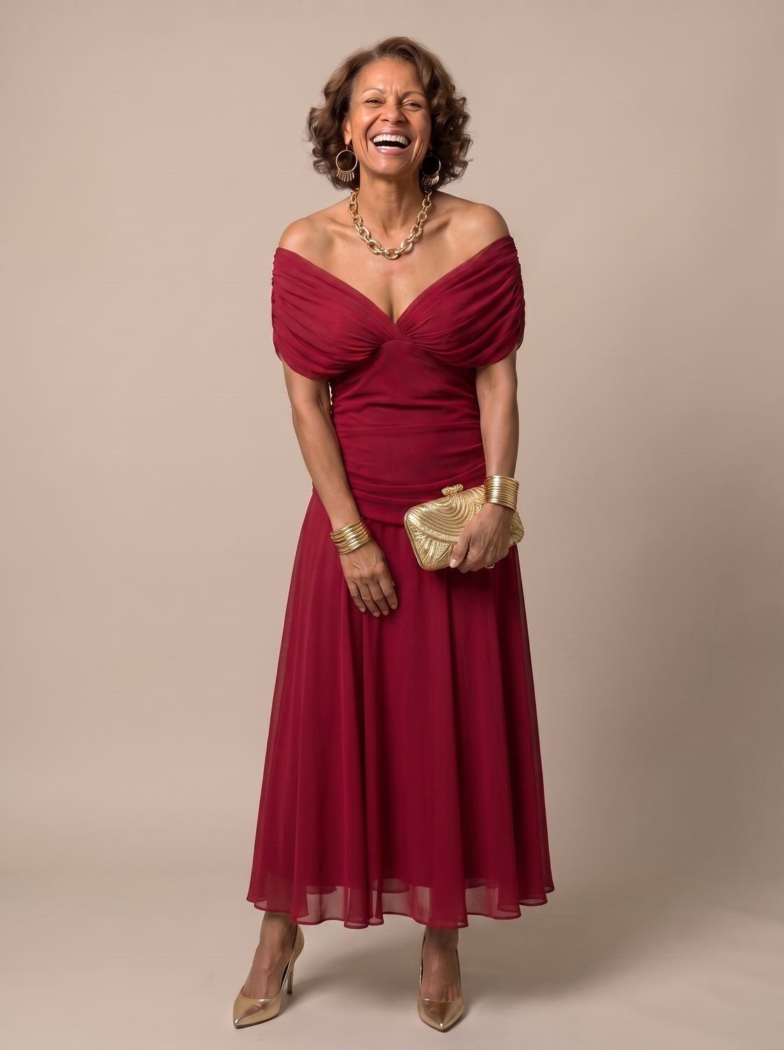 Layla - Women's Flowy Midi Dress Off-Shoulder Draped Floral Chiffon