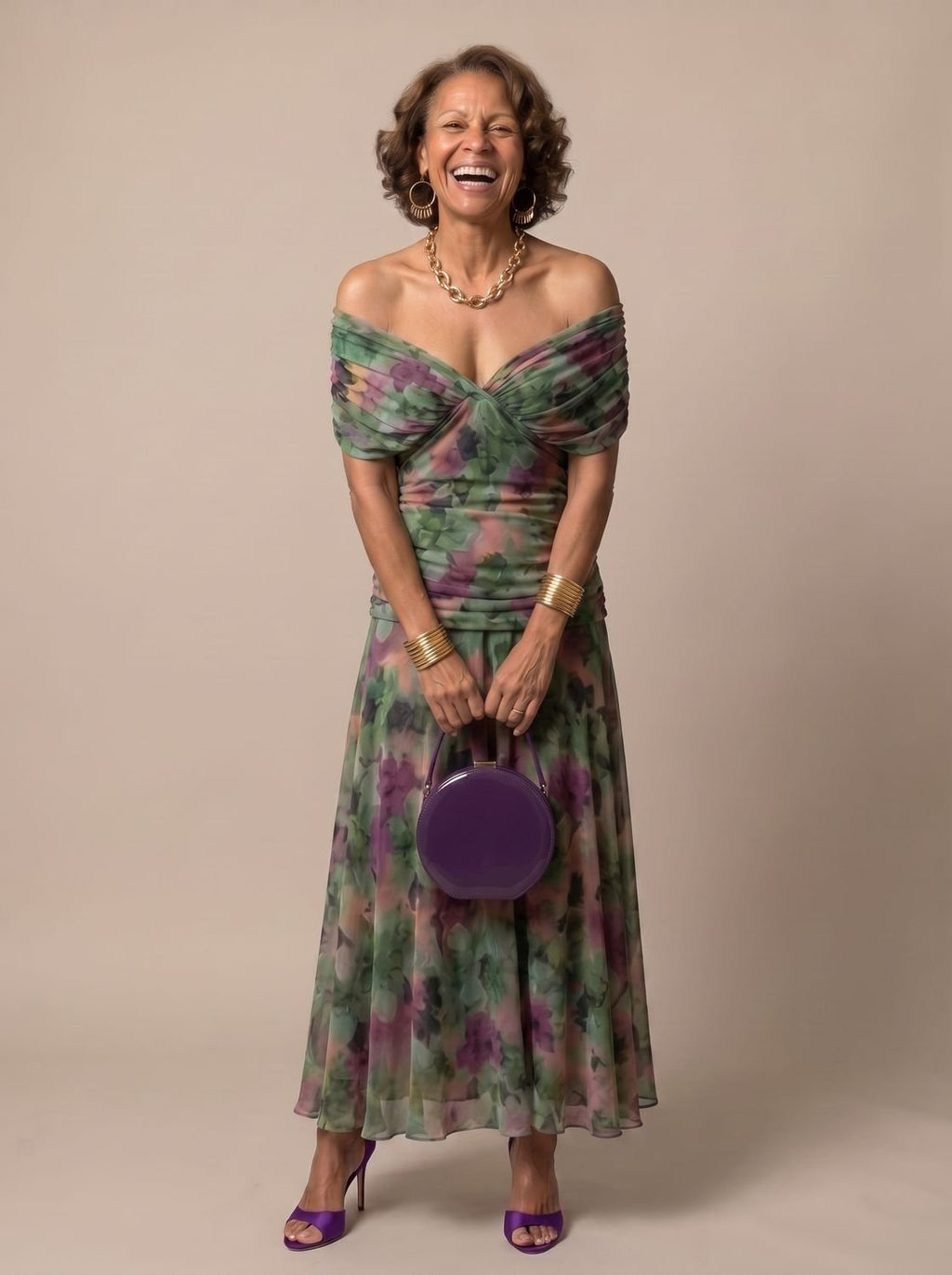 Layla - Women's Flowy Midi Dress Off-Shoulder Draped Floral Chiffon