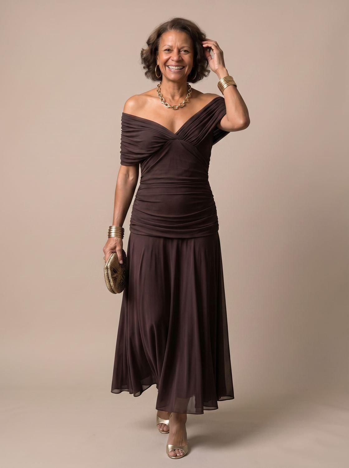 Layla - Women's Flowy Midi Dress Off-Shoulder Draped Floral Chiffon