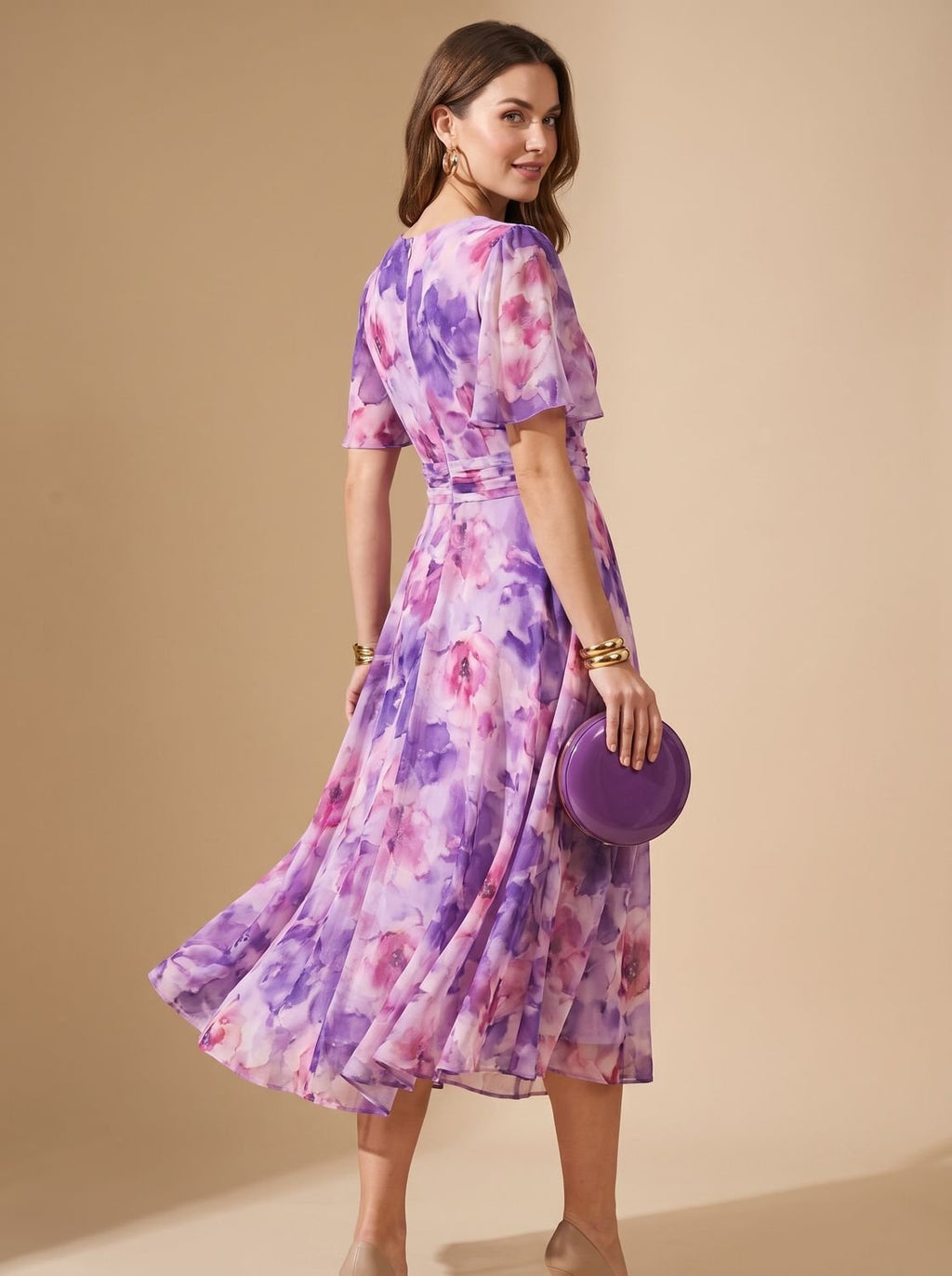 Layla - Women's Flowy Midi Dress Off-Shoulder Draped Floral Chiffon