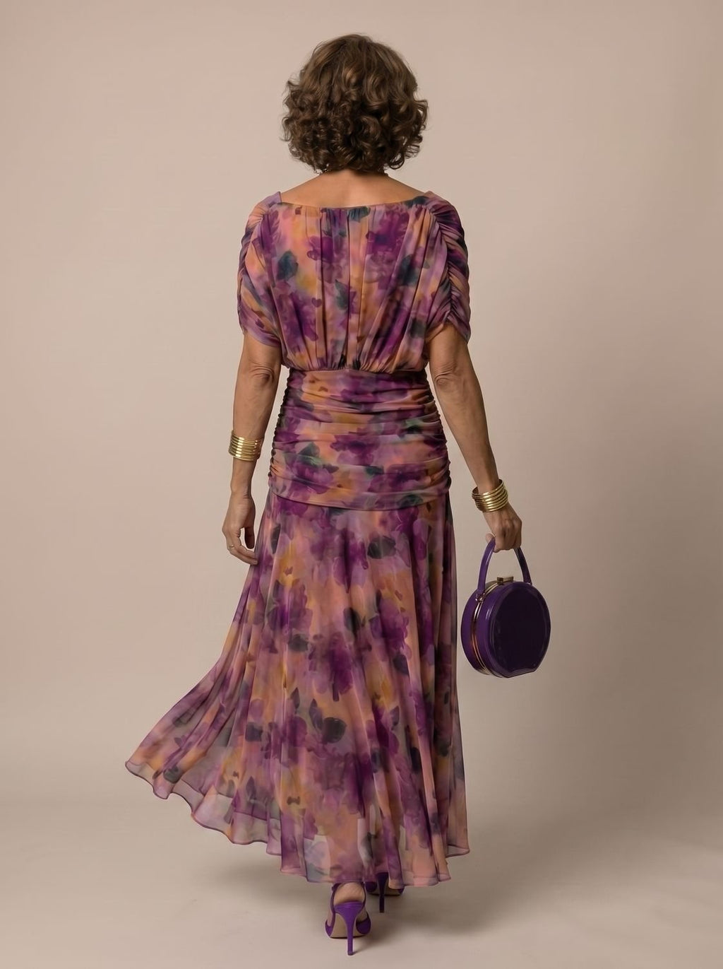 Layla - Women's Flowy Midi Dress Off-Shoulder Draped Floral Chiffon