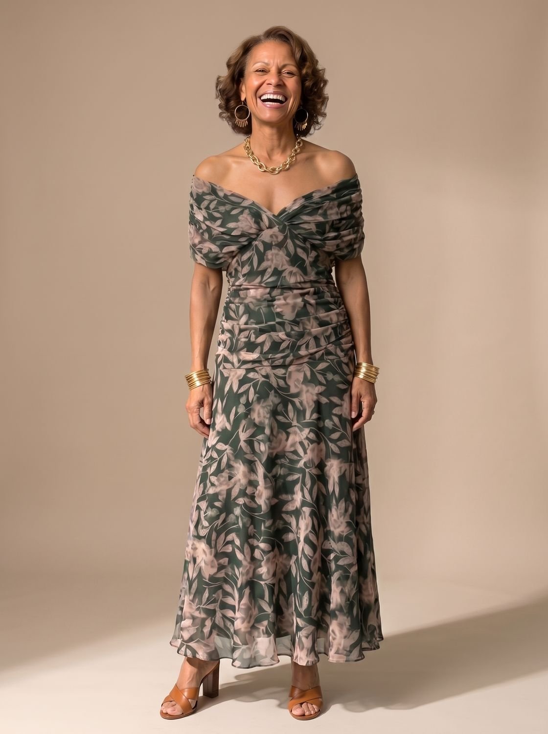 Layla - Women's Flowy Midi Dress Off-Shoulder Draped Floral Chiffon
