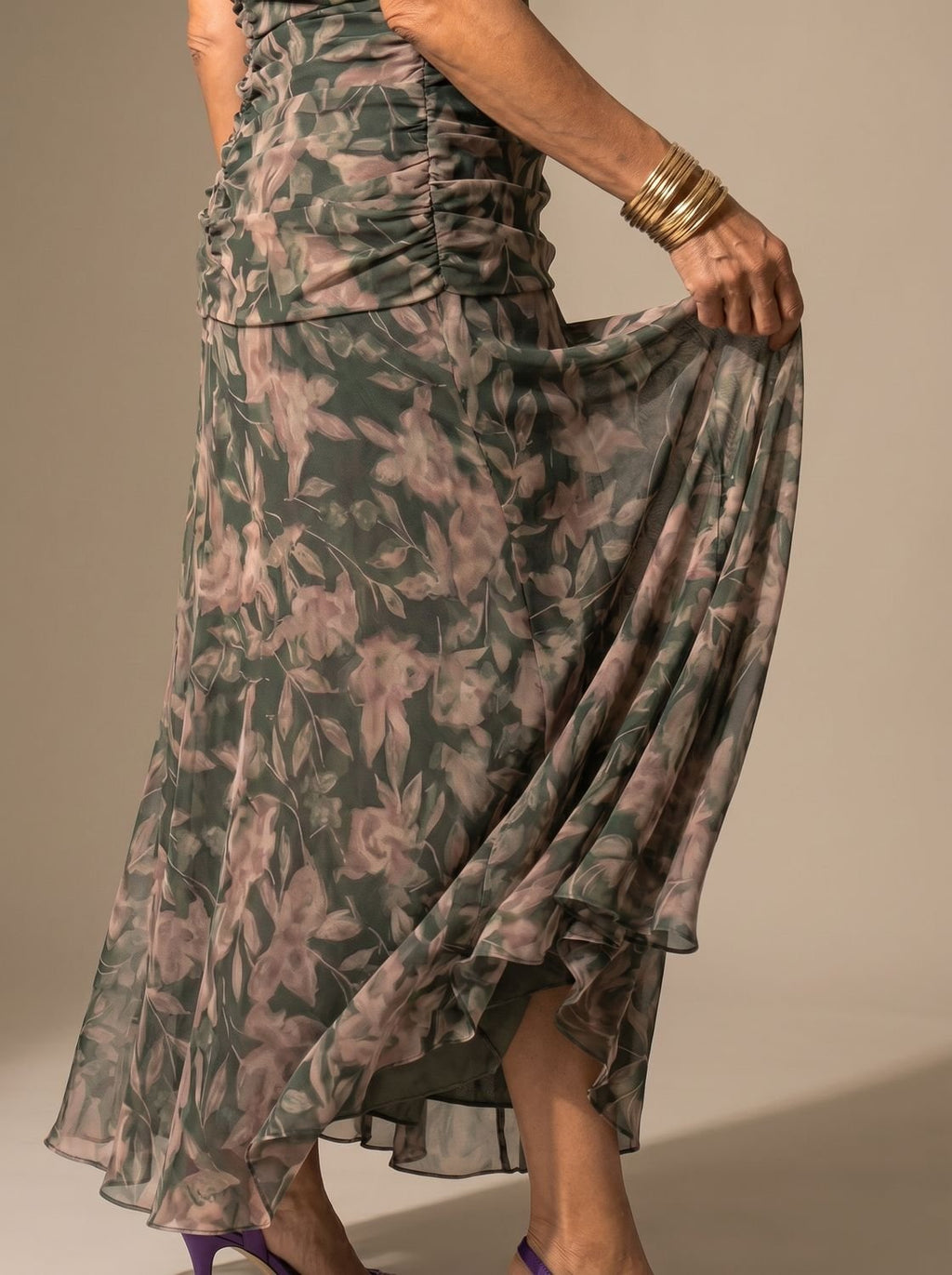 Layla - Women's Flowy Midi Dress Off-Shoulder Draped Floral Chiffon