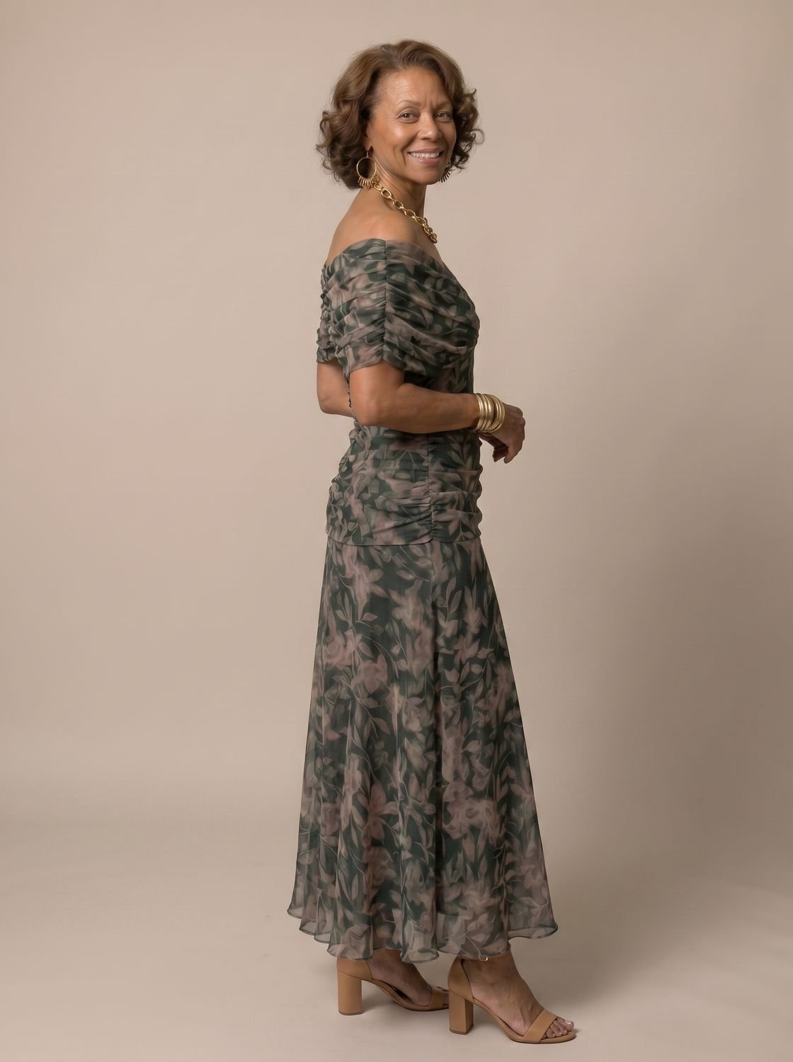 Layla - Women's Flowy Midi Dress Off-Shoulder Draped Floral Chiffon
