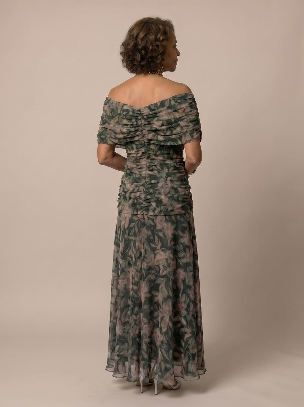 Layla - Women's Flowy Midi Dress Off-Shoulder Draped Floral Chiffon