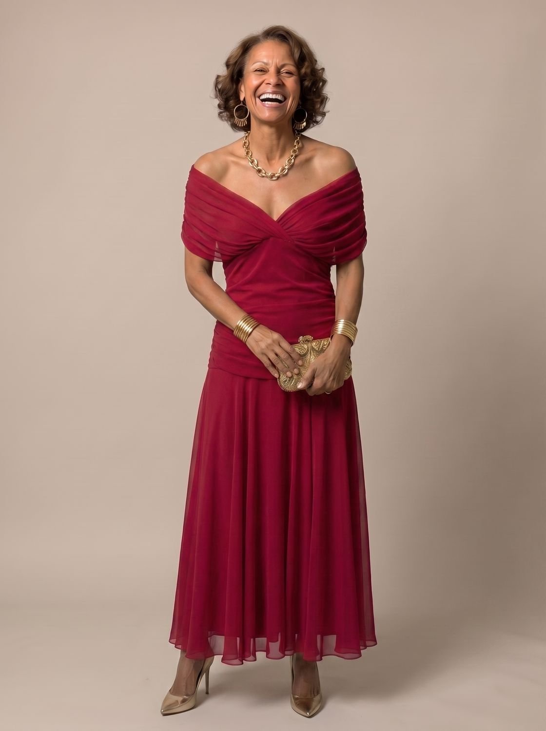 Layla - Women's Flowy Midi Dress Off-Shoulder Draped Floral Chiffon