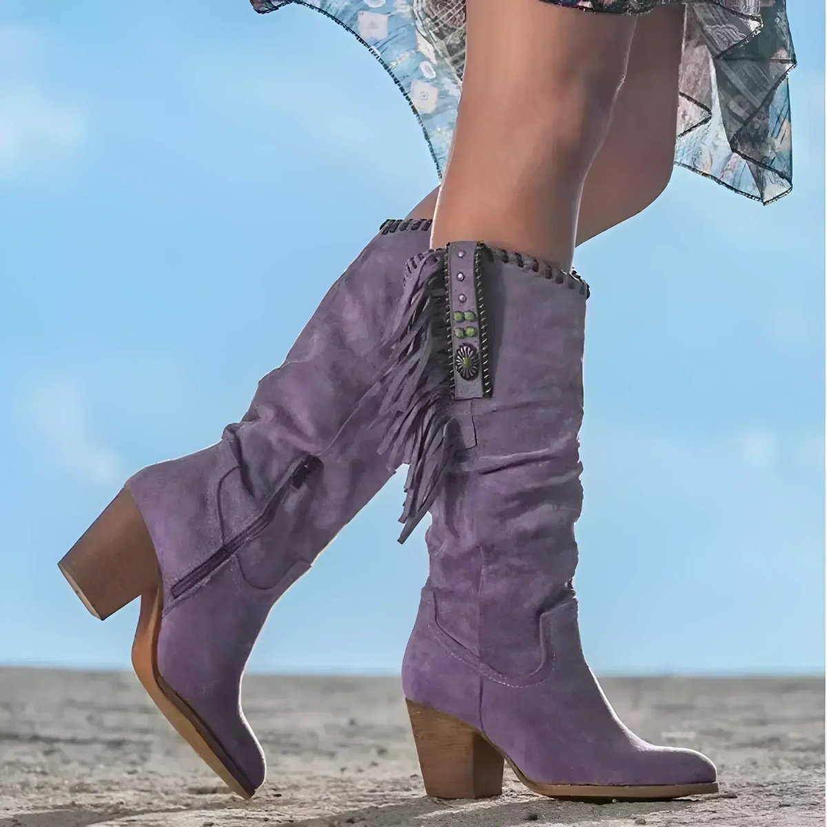 Scarlett - Women's Fringe Suede Western Knee High Boots Block Heel