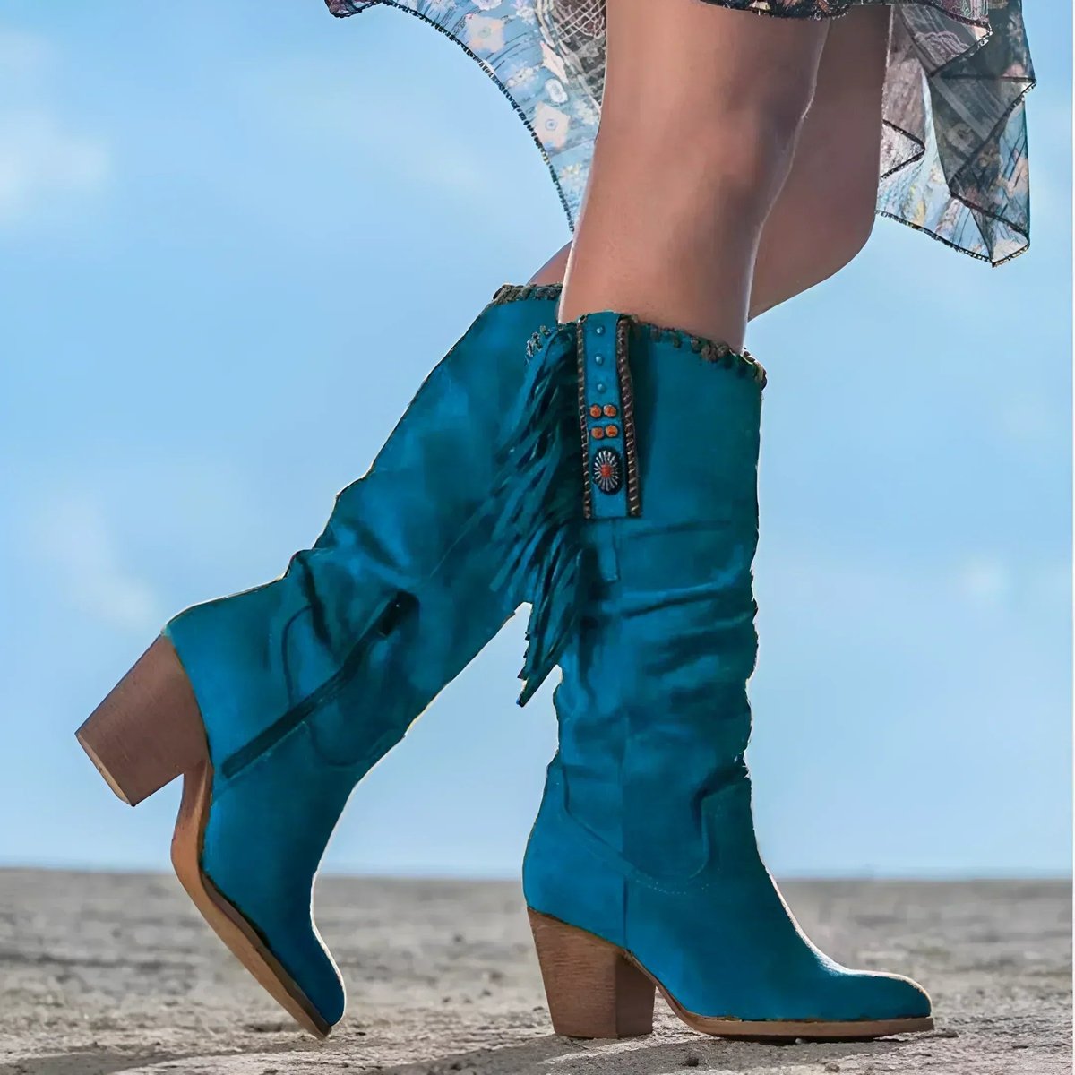 Scarlett - Women's Fringe Suede Western Knee High Boots Block Heel