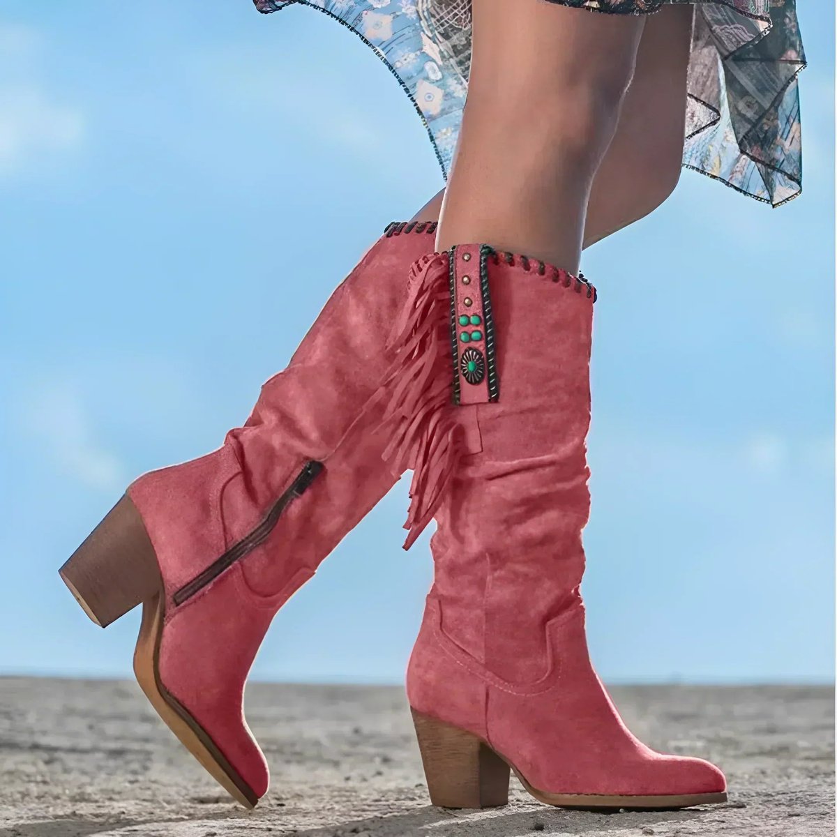 Scarlett - Women's Fringe Suede Western Knee High Boots Block Heel