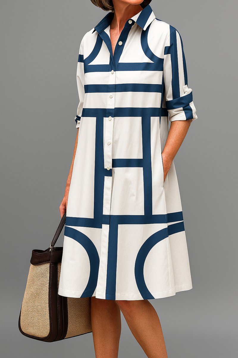 Isabella - Women's Geometric Print Button-Down Cocktail Dress Midi