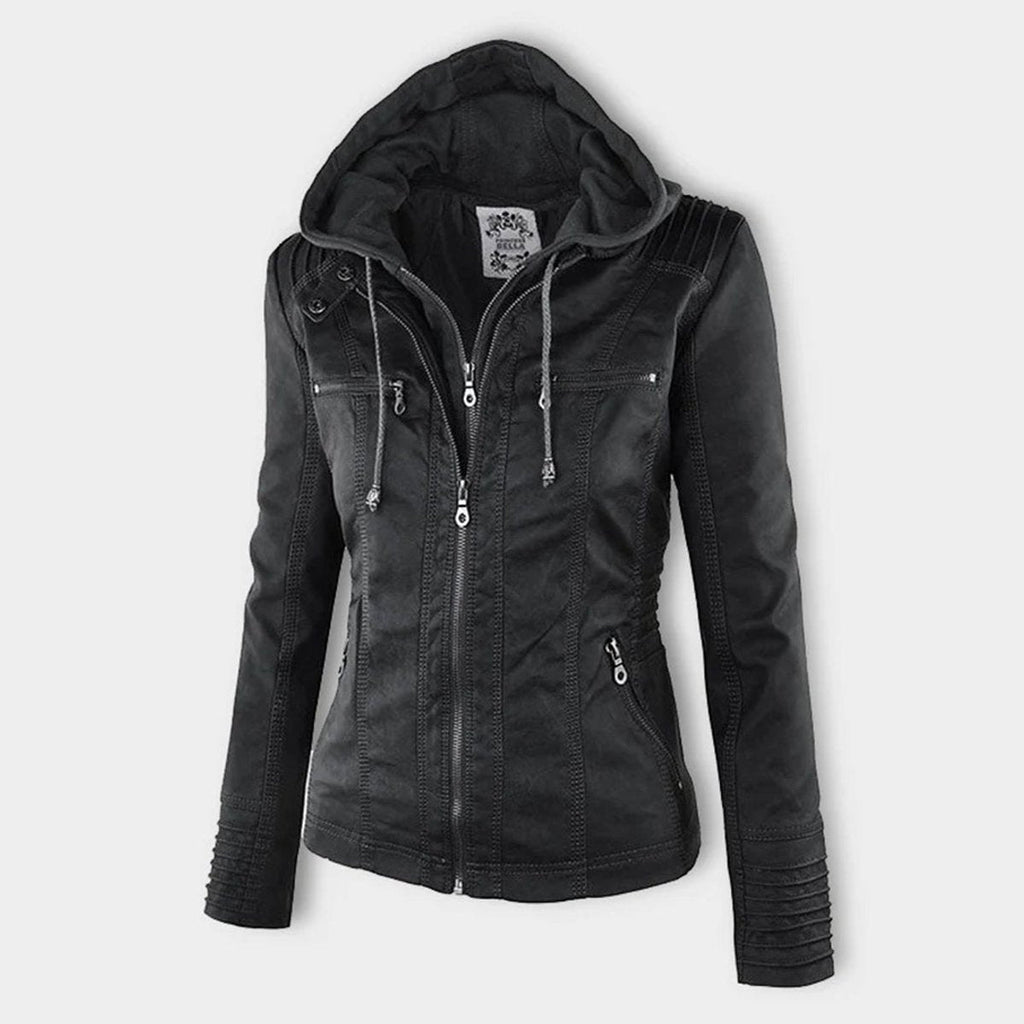 Charlotte - Women's Hooded Faux Leather Moto Coat Removable Hood