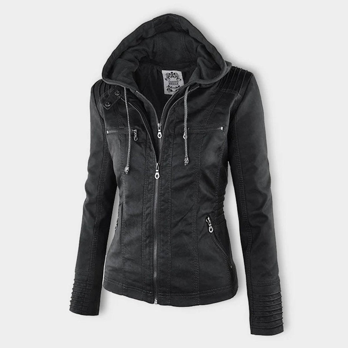 Charlotte - Women's Hooded Faux Leather Moto Coat Removable Hood