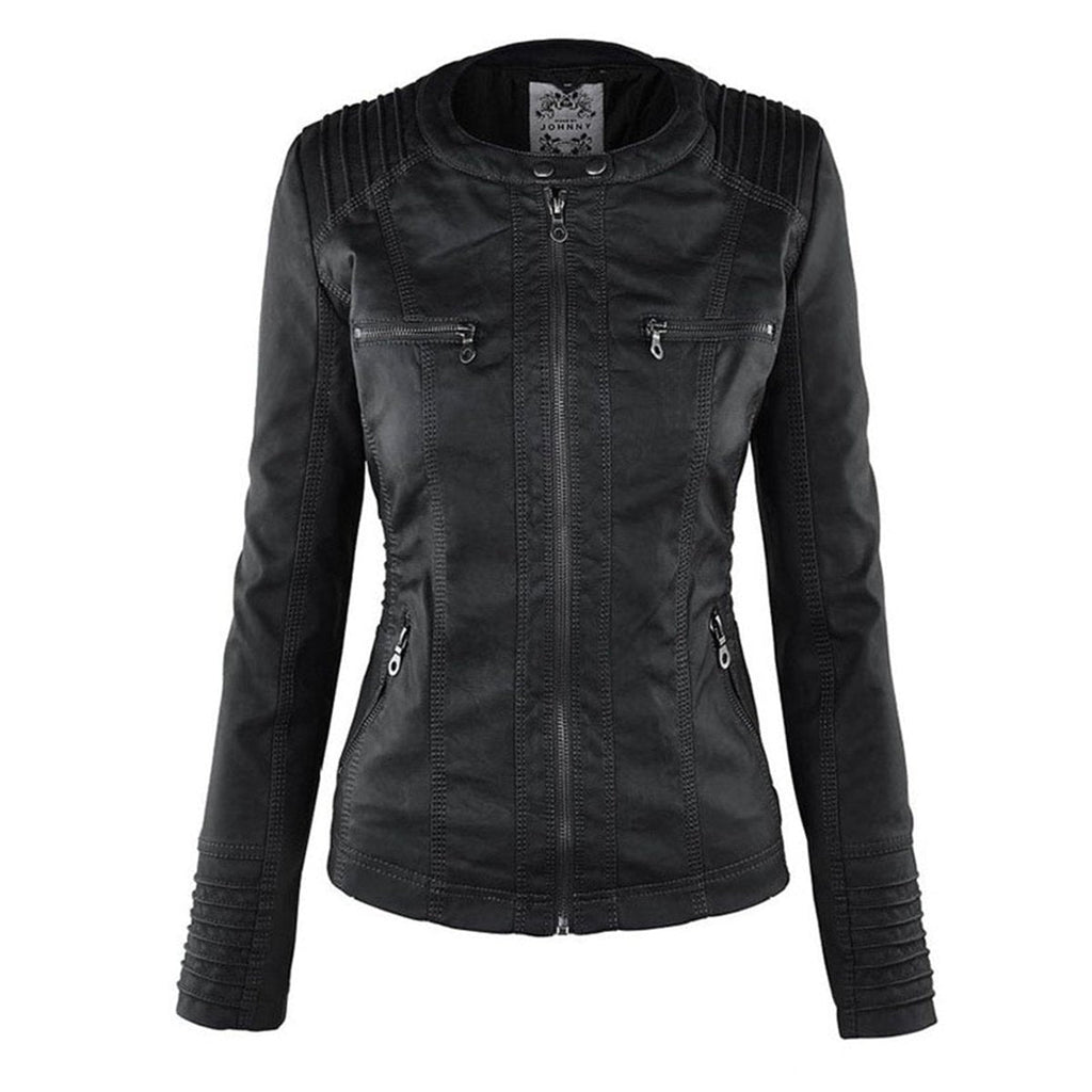 Charlotte - Women's Hooded Faux Leather Moto Coat Removable Hood