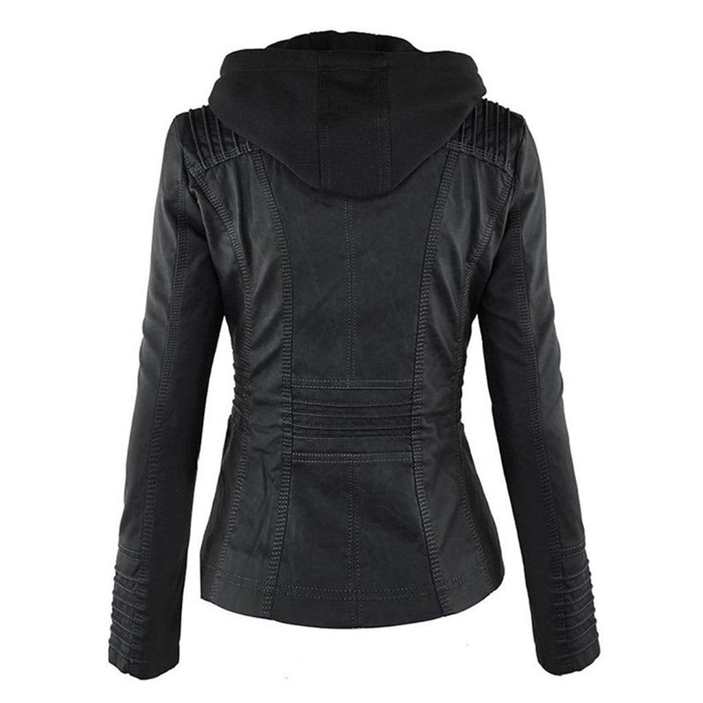 Charlotte - Women's Hooded Faux Leather Moto Coat Removable Hood
