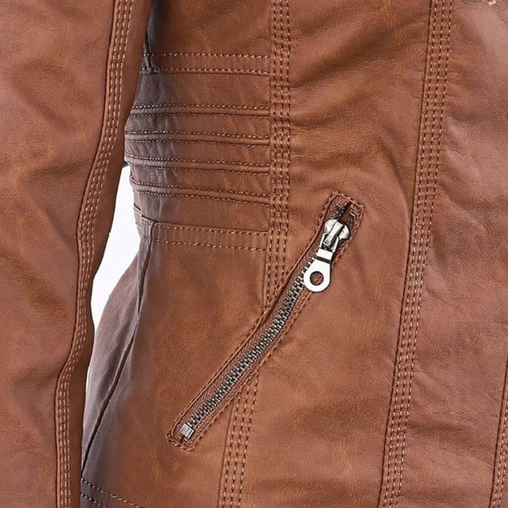 Charlotte - Women's Hooded Faux Leather Moto Coat Removable Hood