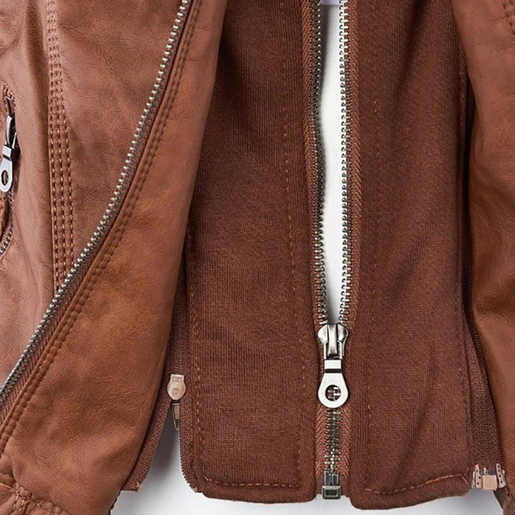 Charlotte - Women's Hooded Faux Leather Moto Coat Removable Hood