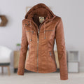 Charlotte - Women's Hooded Faux Leather Moto Coat Removable Hood