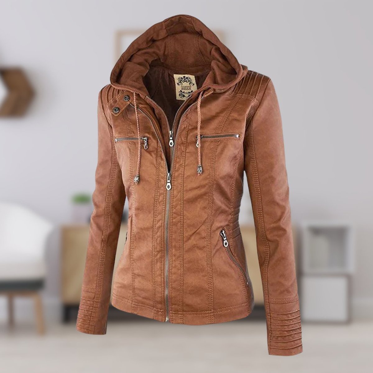 Charlotte - Women's Hooded Faux Leather Moto Coat Removable Hood