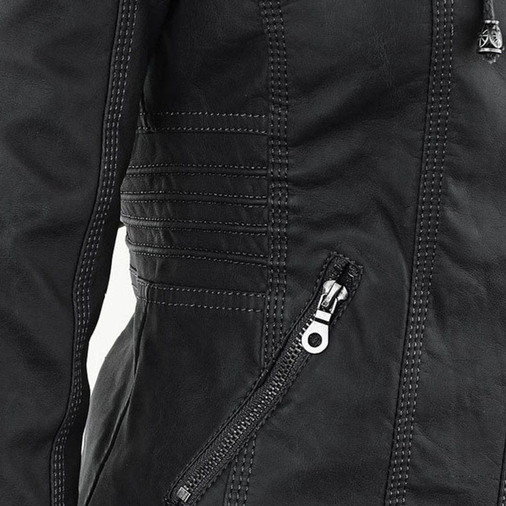 Charlotte - Women's Hooded Faux Leather Moto Coat Removable Hood