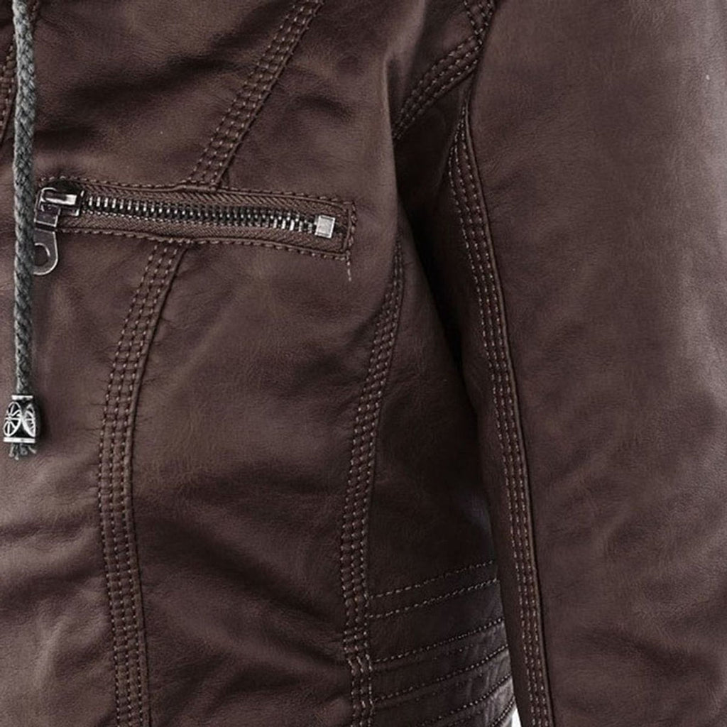 Charlotte - Women's Hooded Faux Leather Moto Coat Removable Hood