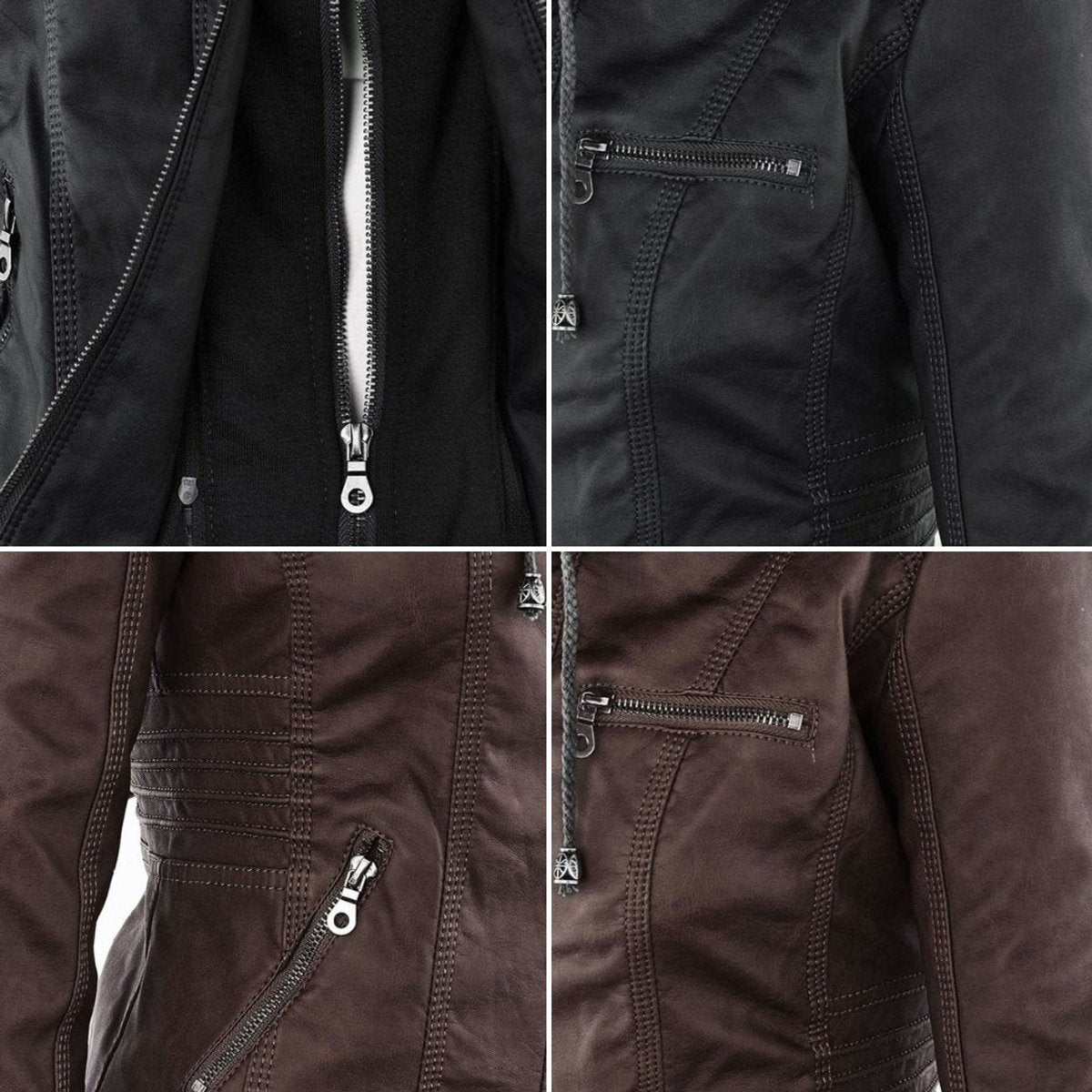 Charlotte - Women's Hooded Faux Leather Moto Coat Removable Hood