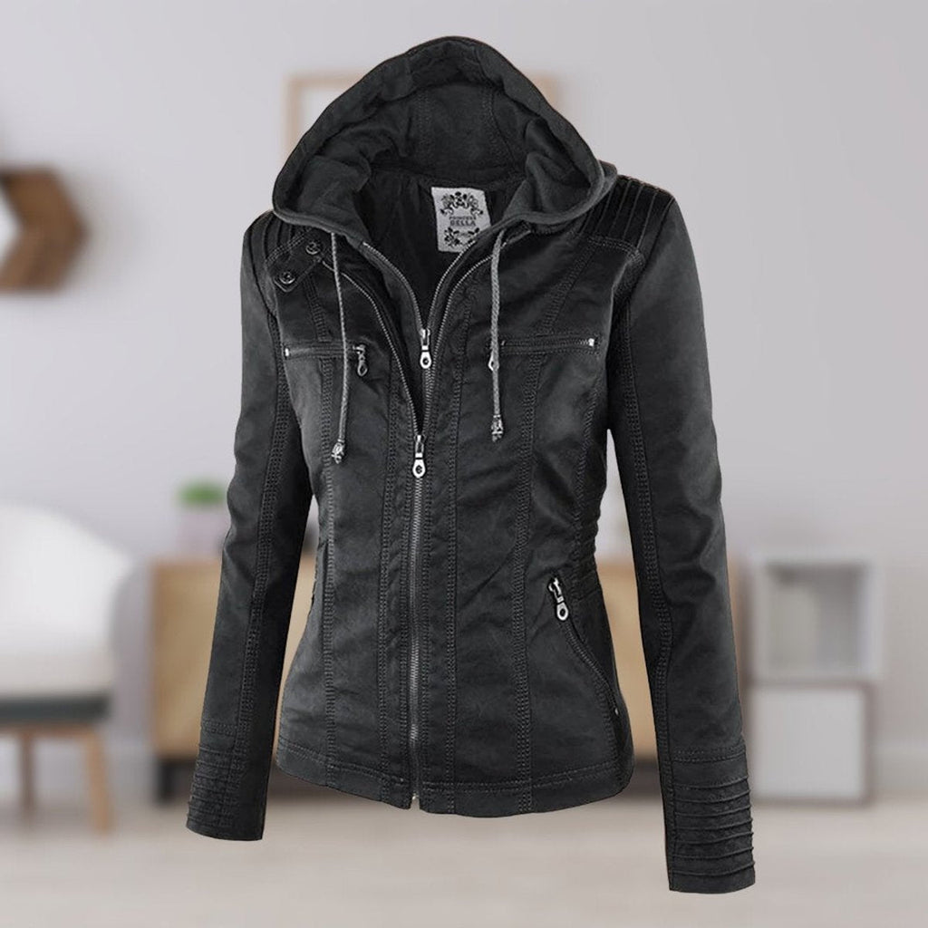 Charlotte - Women's Hooded Faux Leather Moto Coat Removable Hood