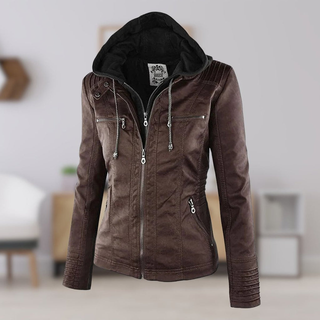 Charlotte - Women's Hooded Faux Leather Moto Coat Removable Hood