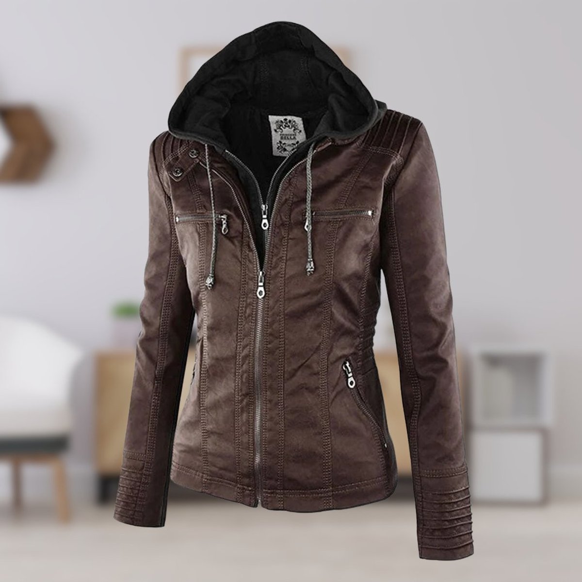 Charlotte - Women's Hooded Faux Leather Moto Coat Removable Hood