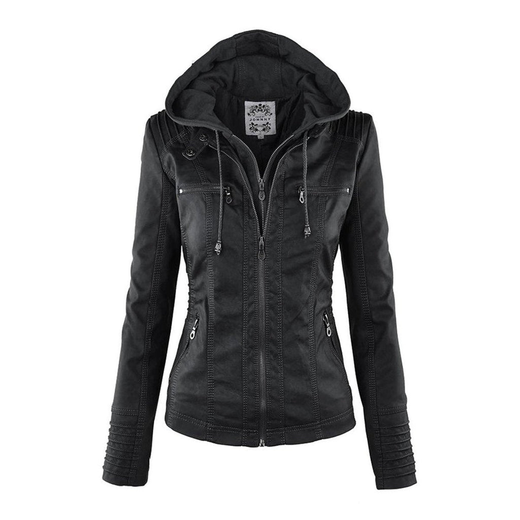 Charlotte - Women's Hooded Faux Leather Moto Coat Removable Hood