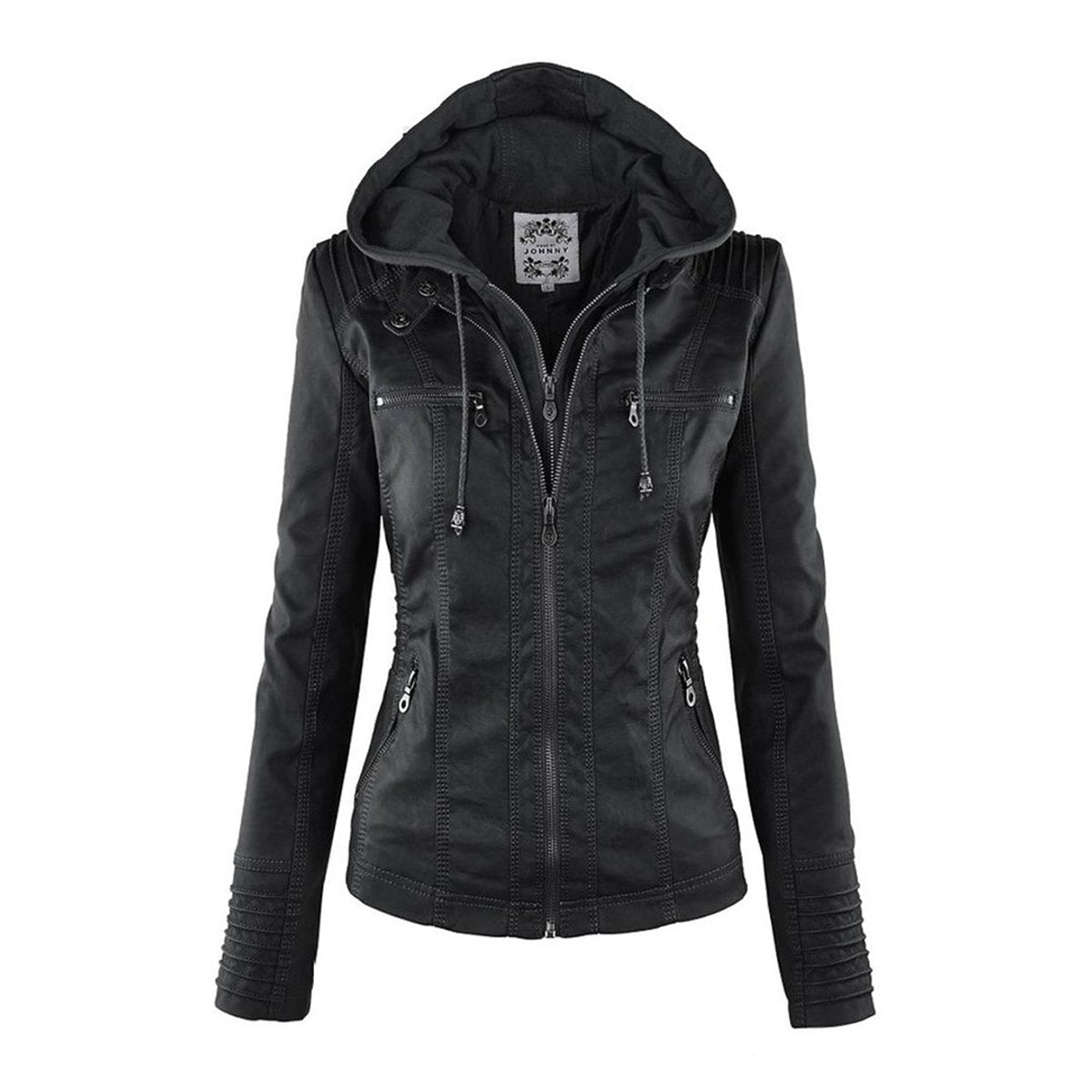 Charlotte - Women's Hooded Faux Leather Moto Coat Removable Hood