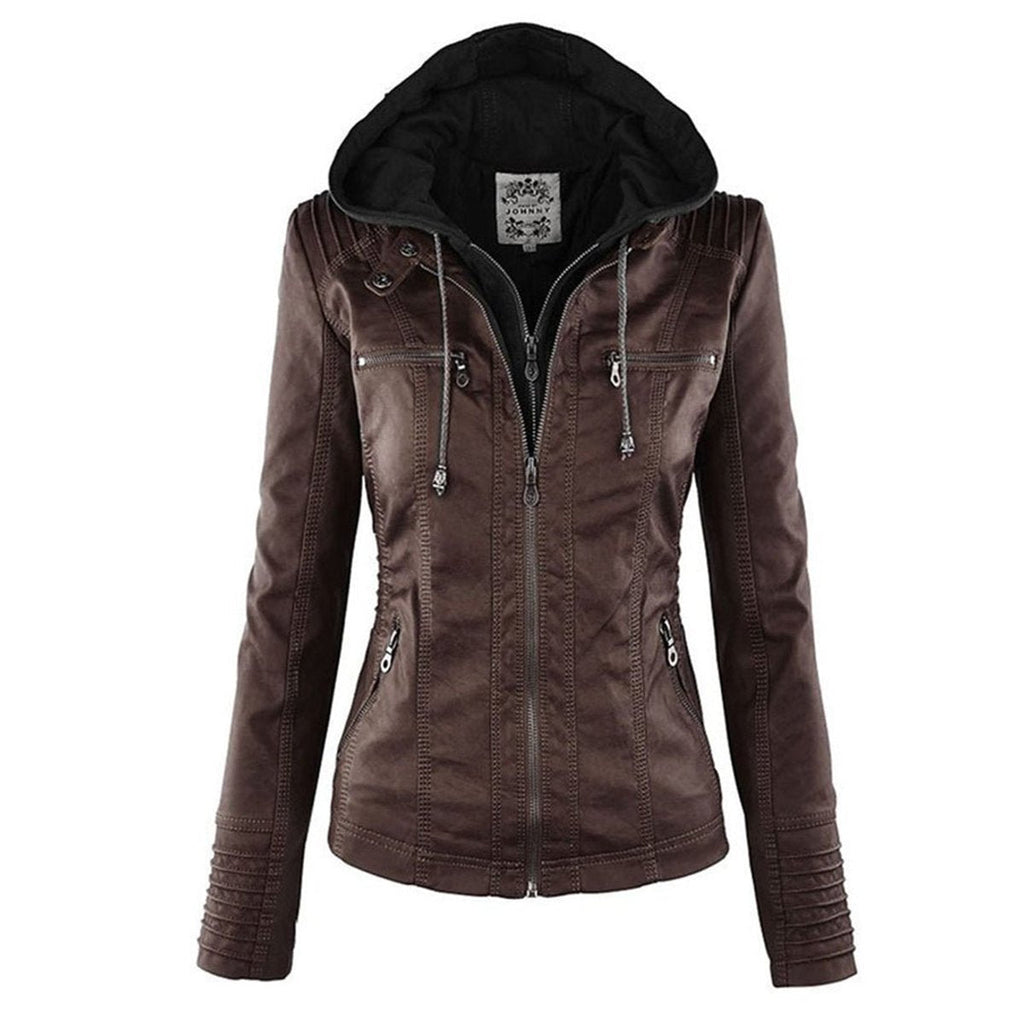 Charlotte - Women's Hooded Faux Leather Moto Coat Removable Hood
