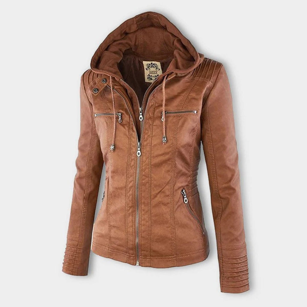 Charlotte - Women's Hooded Faux Leather Moto Coat Removable Hood