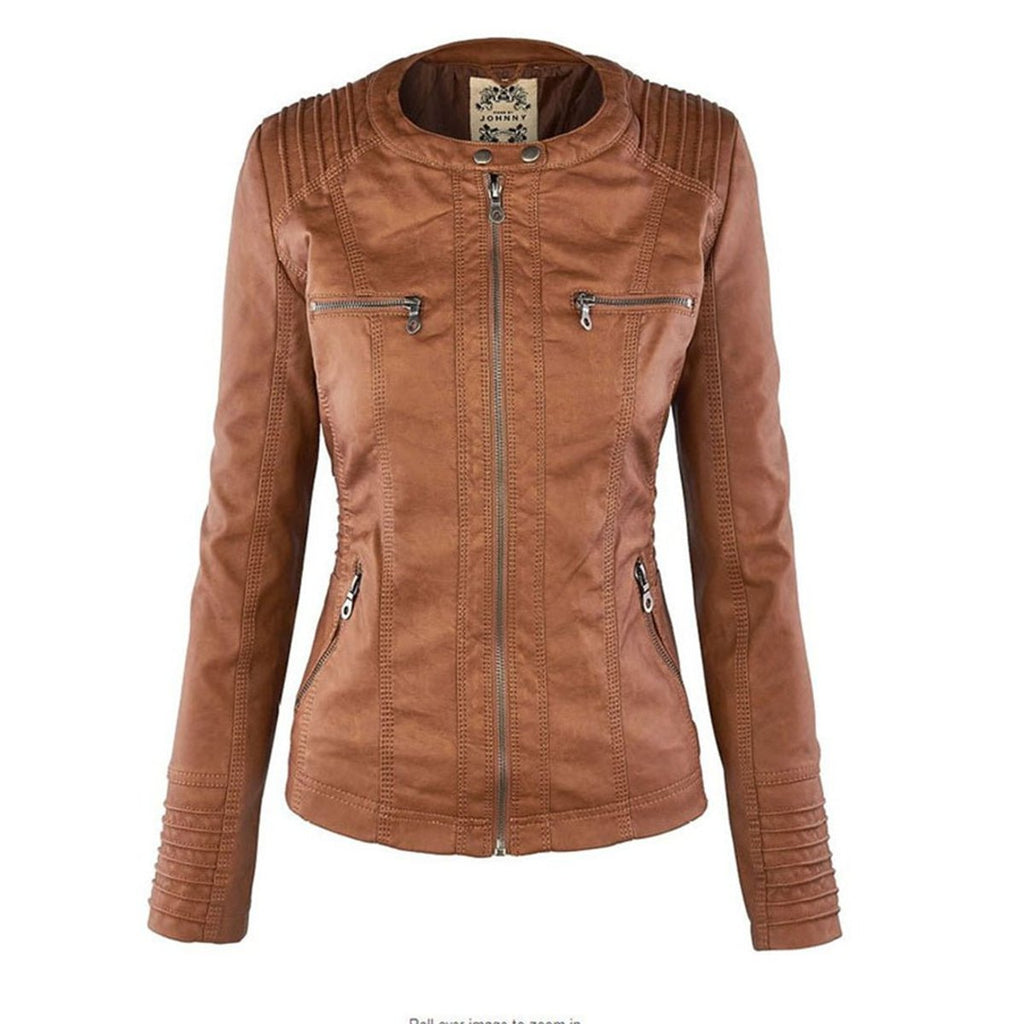 Charlotte - Women's Hooded Faux Leather Moto Coat Removable Hood